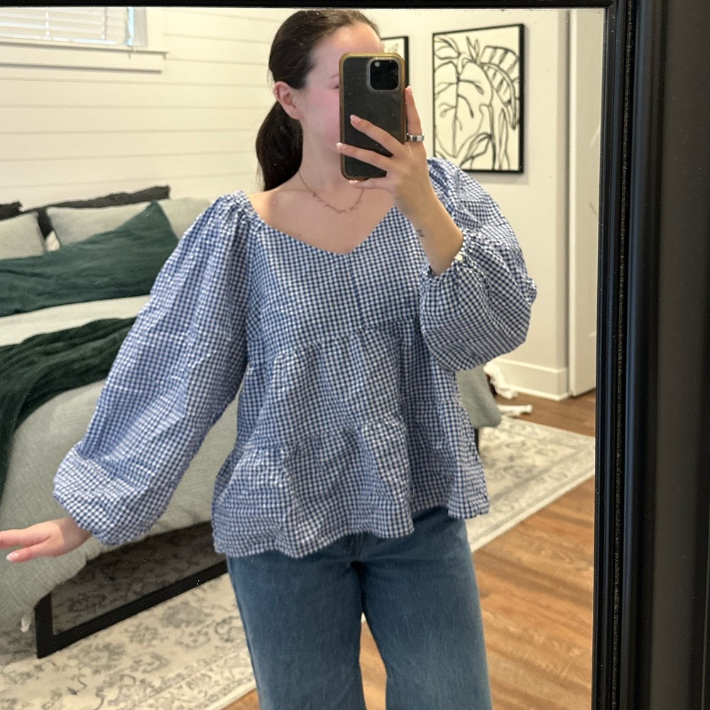 Old Navy Blue Gingham Peasant Blouse